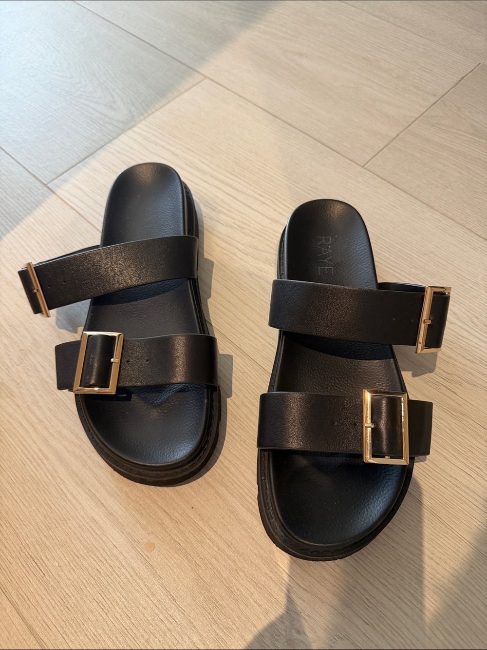 RAYE Black Slide Sandals with Gold Buckles - Picture 1 of 2